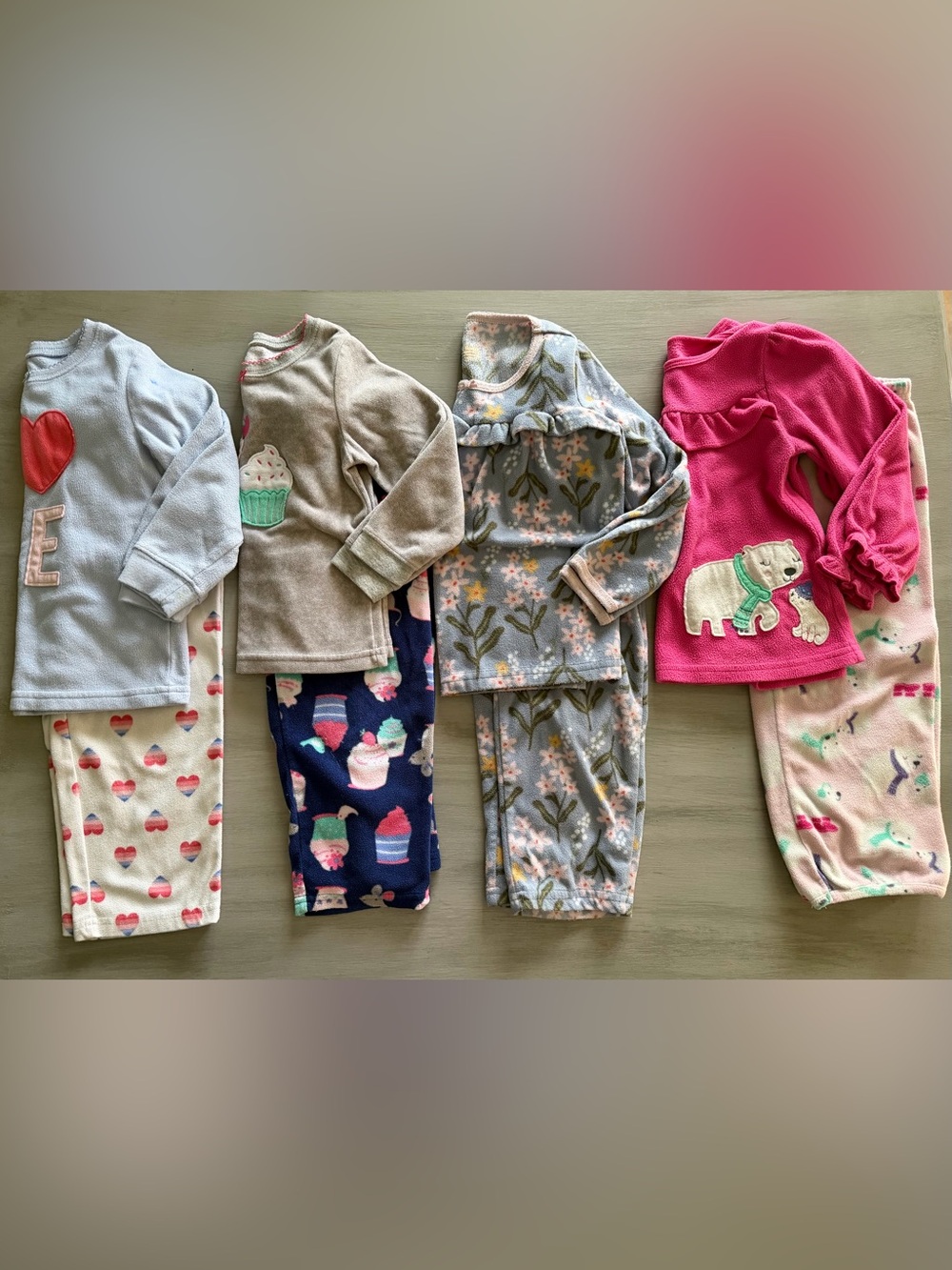 Girl 3T Carter's Winter Fleece Pajama Bundle 4 Pair Cupcake, Bear, Floral, Heart